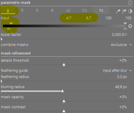 Settings of the diffuse-or-sharpen module with ‘g’ channel.