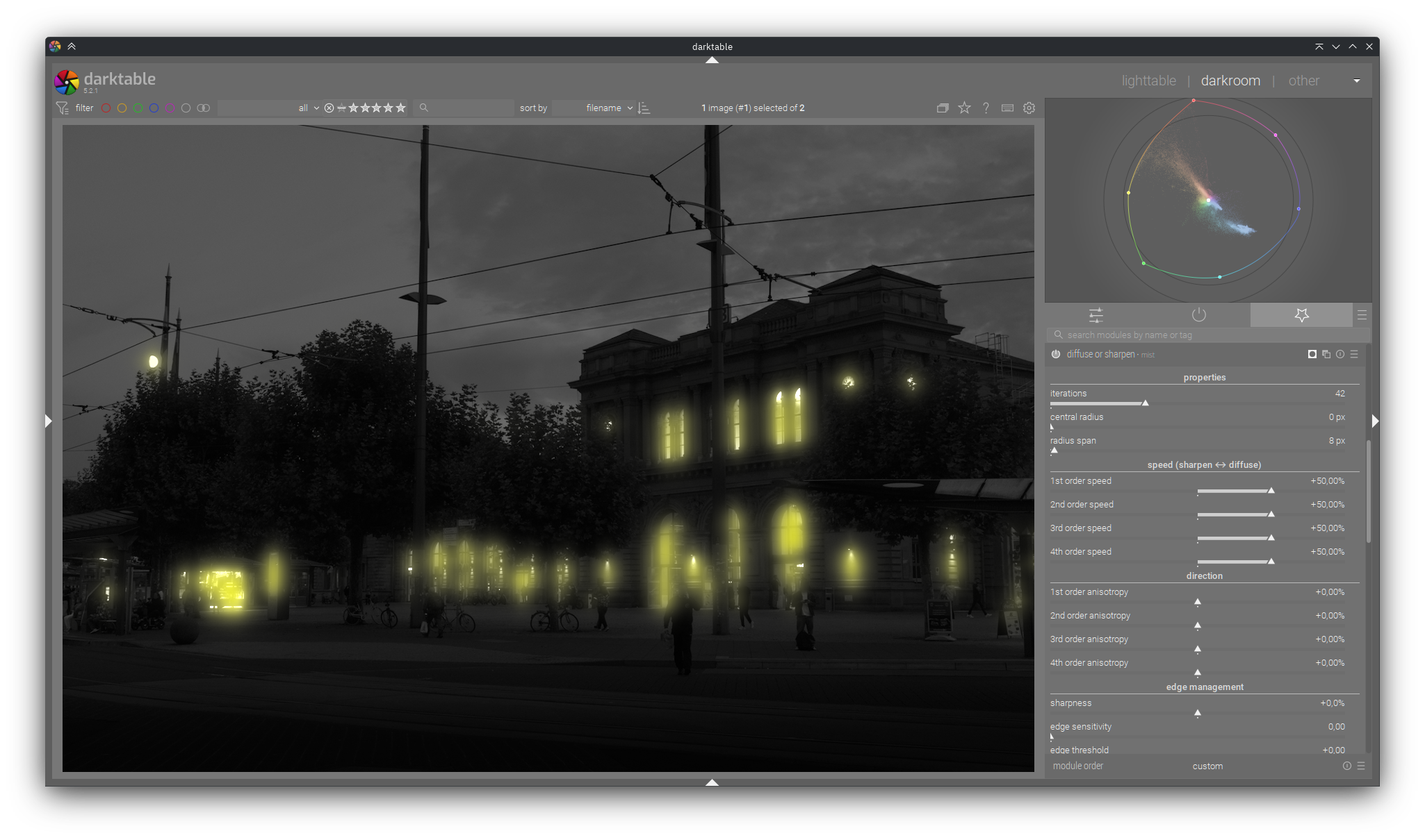 Screenshot of Darktable with mask overlay turned on.